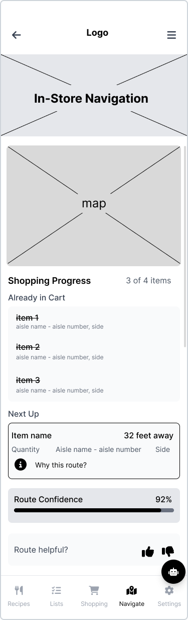 In-store navigation wireframe